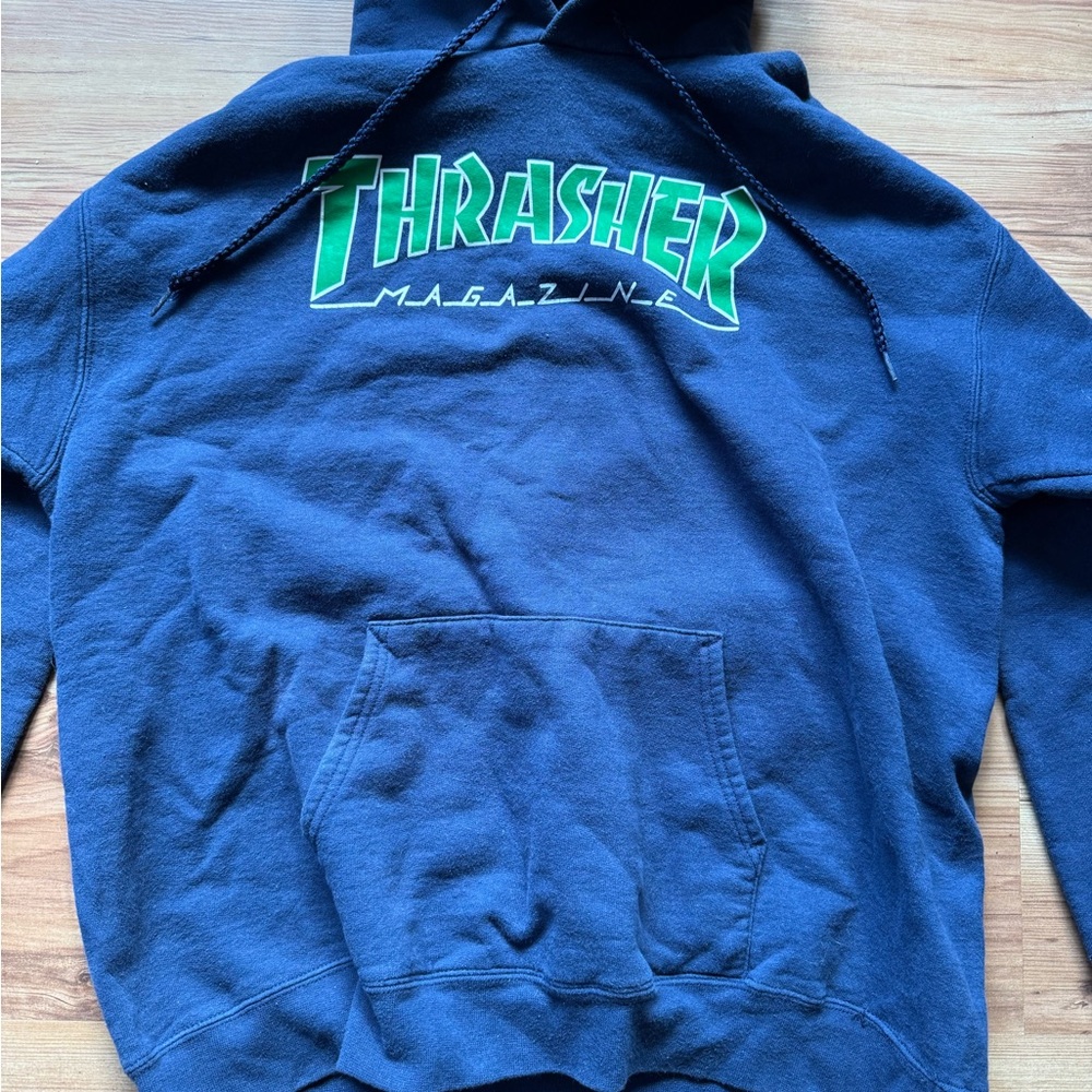 Thrasher Navy Pullover Hoodie with Bright Green Logo